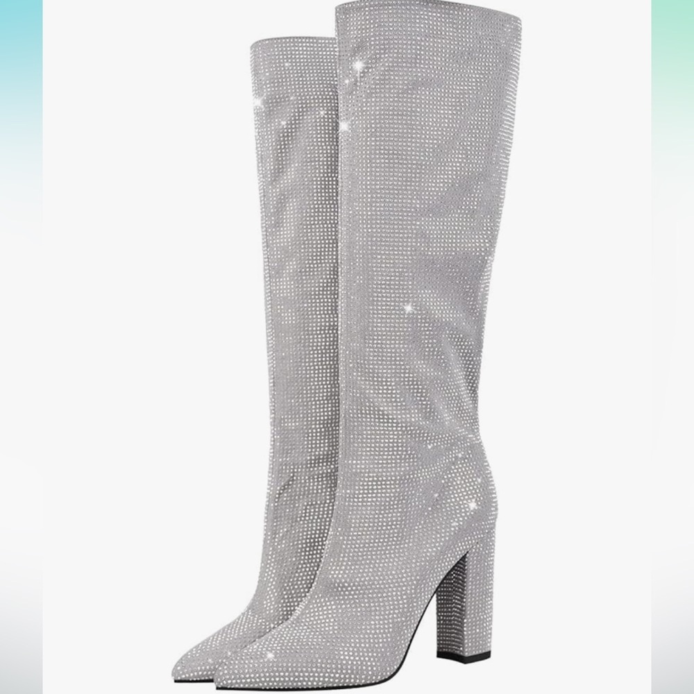 Crystal Embellished Silver Knee-High Heeled Boots
